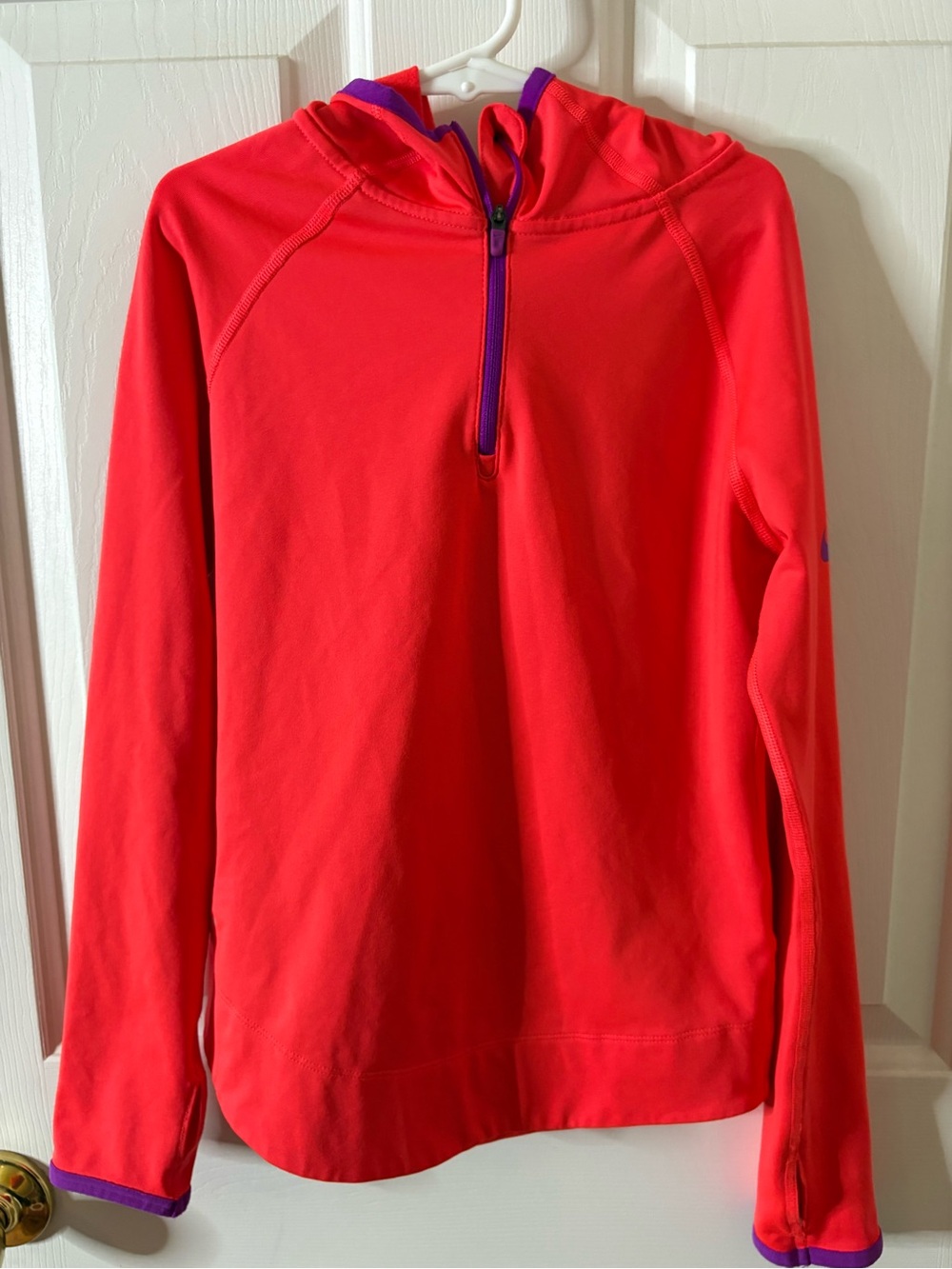 Nike Pro Coral Pink Half-Zip Hooded Pullover with Purple Trim